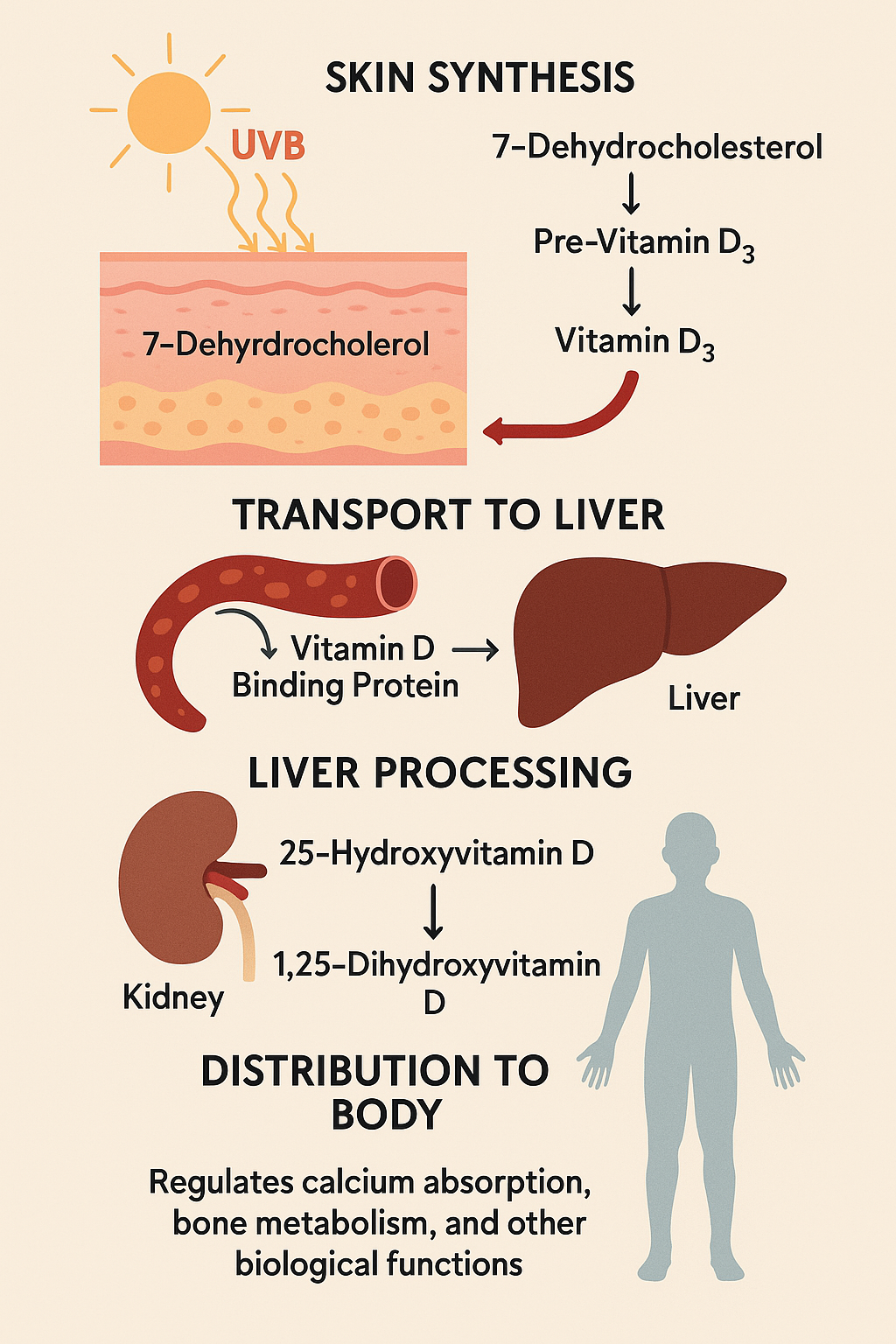 infographic illustrating the synthesis and processing of Vitamin D in the human body
